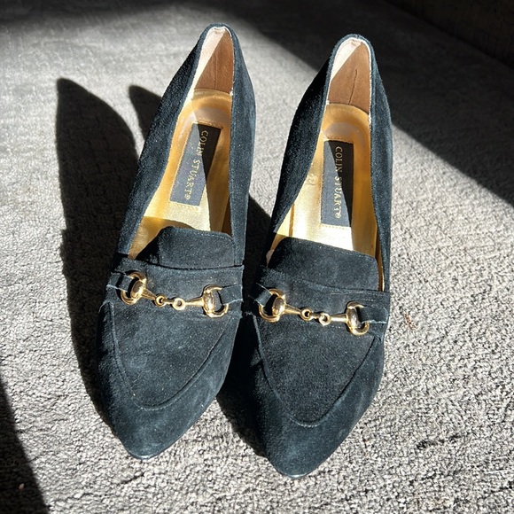 Vintage Colin Stuart black suede gold accent buckle loafer style heels pumps 7.5 - Picture 6 of 16